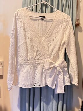 J. Crew White Eyelet Wrap Blouse with Tie Waist